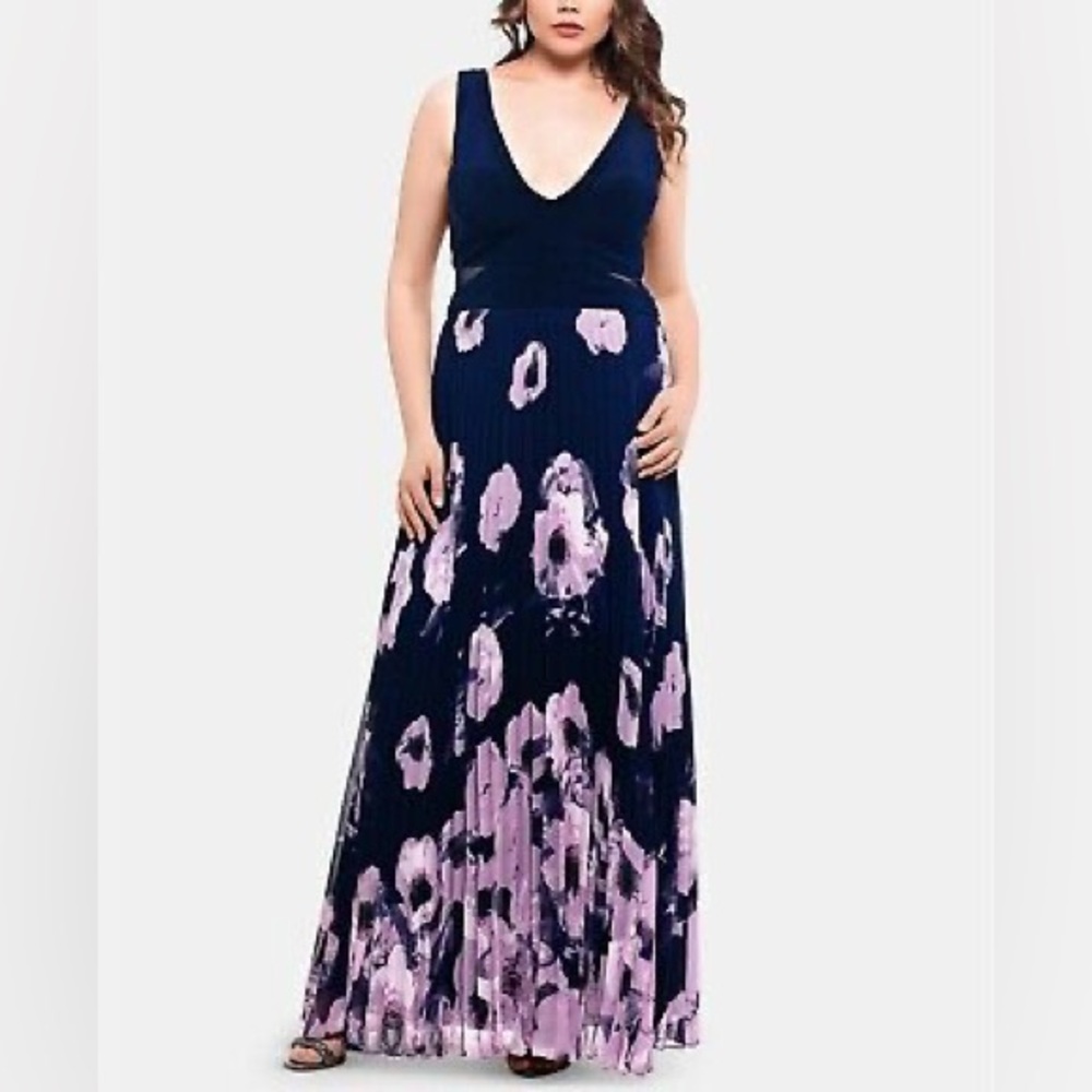 XSCAPE Floral Print Pleated Gown Navy Long Dress Size 12
